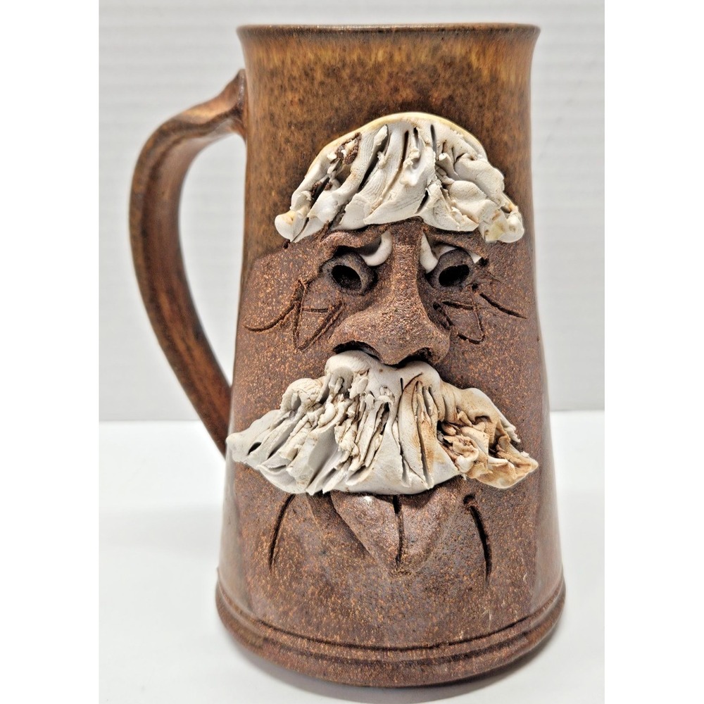 Vintage Earthstone Pottery Ugly Face Mug Handmade Stoneware 6" Sculpted Beard